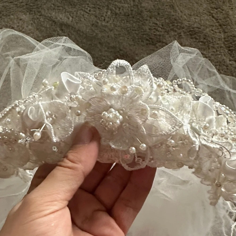 White Beaded Bridal Veil with Floral Applique